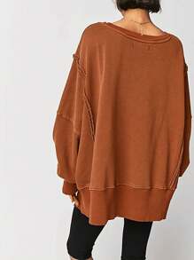 Womens Solid Color Sweatshirts Long Sleeve Crew Neck Drop Shoulder Pullover Tops Fall Sweaters - màu nâu - Xem 2