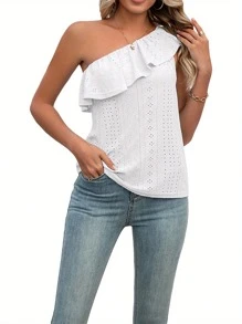 Women Vest, Sleeveless One-Shoulder Ruffled Hollowed Slim Summer Tops For Club Party - White - View 2