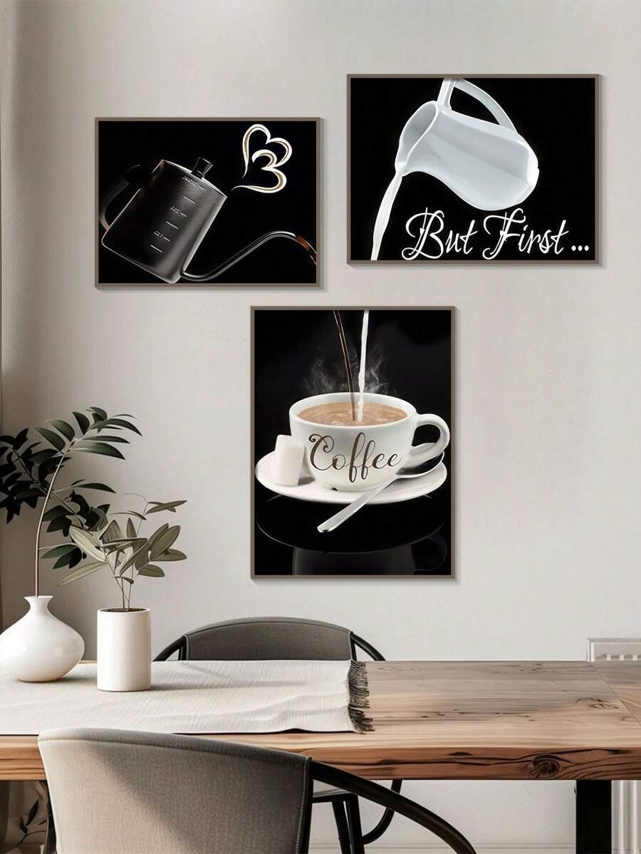 3 piezas de arte de pared de taza de café en blanco y negro vintage - Decoración para cocina, sala de estar y cafetería, decoración de pared, póster de lienzo sin marco