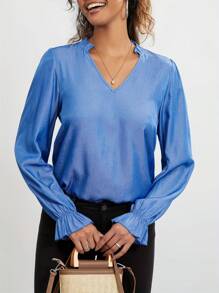 Womens Notched V Neck T-Shirts Fashion Long Sleeve Solid Color Loose Frill Tops Spring Summer Shirts - 藏青色 - 查看 4
