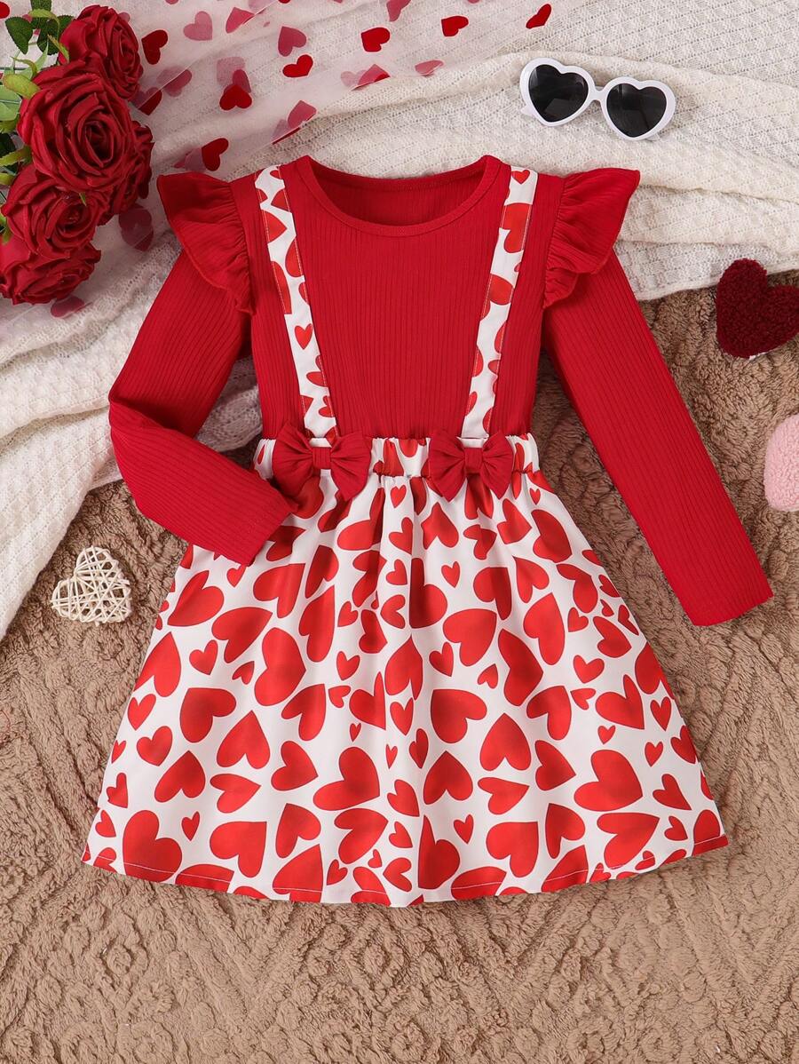 Vestido con volantes, moño y estampado de corazones para niña, diseño para el Día de San Valentín - Rojo - Ver 1