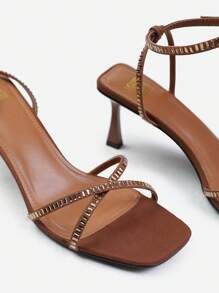 Where’s That From KENIA SQUARE TOE LOW BLOCK HEEL WITH DIAMANTE CROSS OVER STRAP DETAIL - Chocolate New Satin - View 4