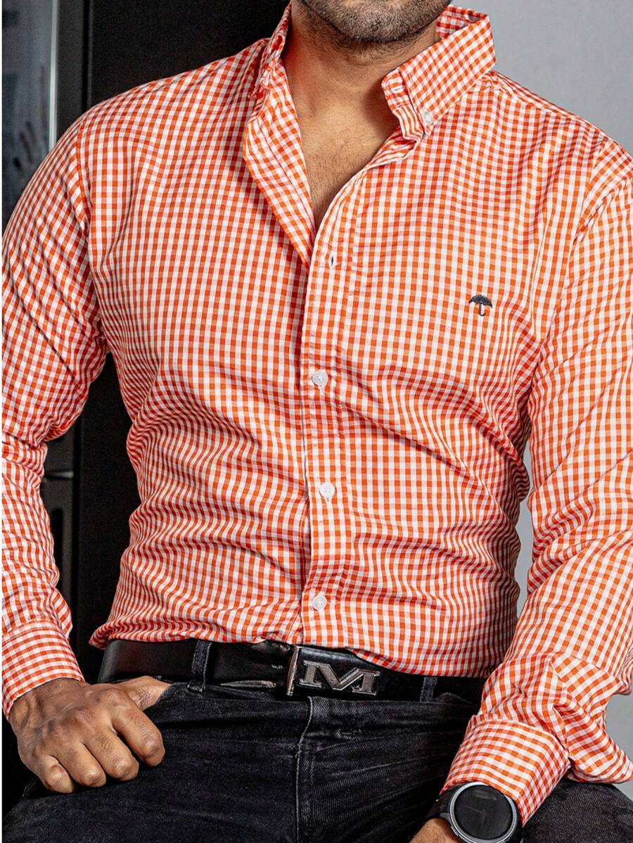PLATINUM STORES Camisa Hombre Casual Regular Fit Cuadros Naranja Y Blanco Moda Diario Comoda Trabajo - Negro - Ver 1