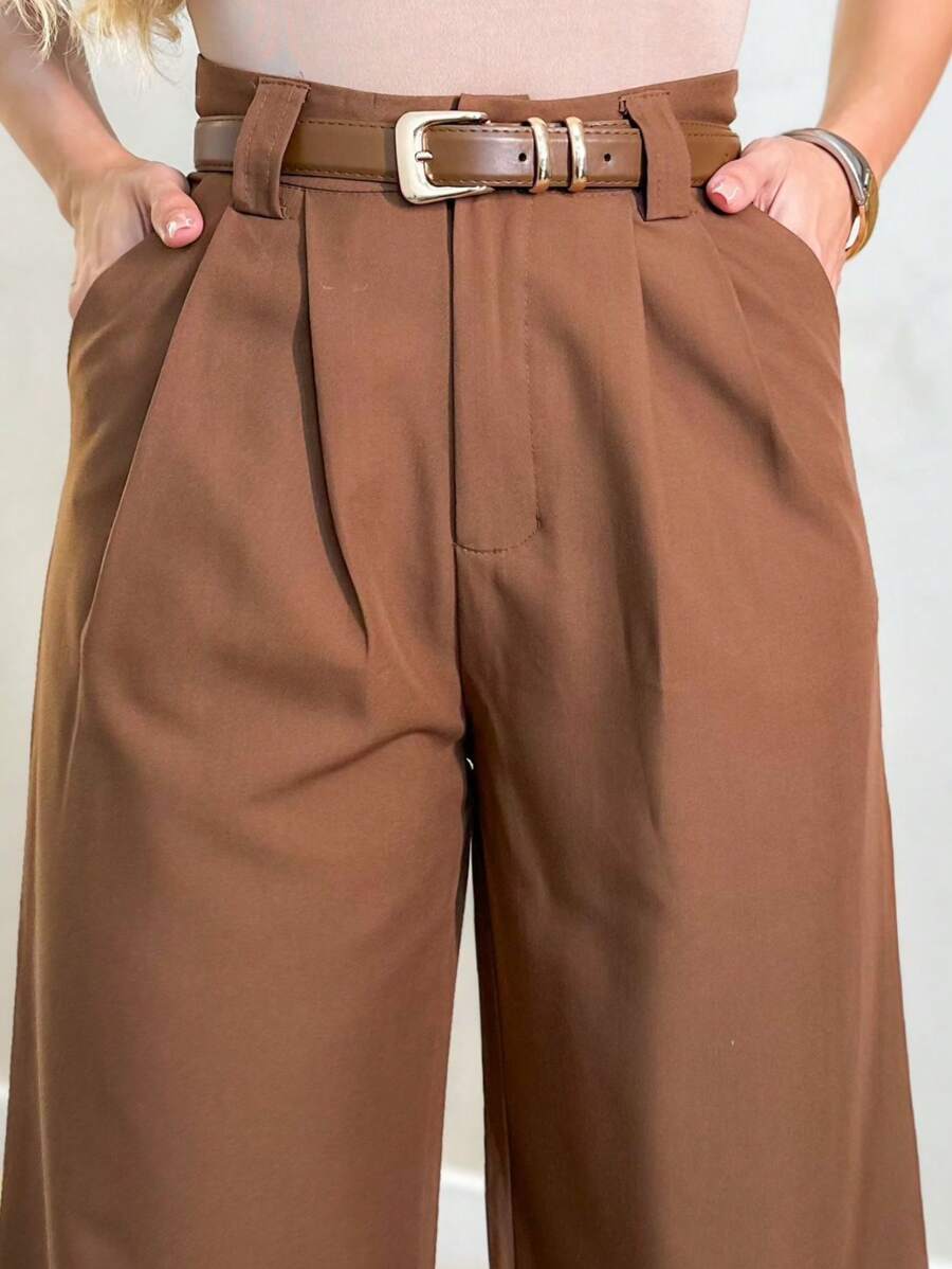 U.SEE Women's Tailored Wide Leg Pants With Belt - 鏽棕色 - 查看 1