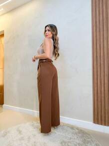 U.SEE Women's Tailored Wide Leg Pants With Belt - 鏽棕色 - 查看 4
