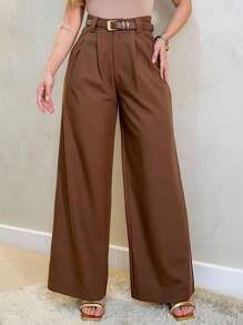 U.SEE Women's Tailored Wide Leg Pants With Belt - 鏽棕色 - 查看 2