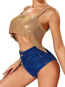 Women's Sparkly Sequin Wide Strap Crop Top Sleeveless V Neck Rave Tank Vest Clubwear - 金色 - 查看 4