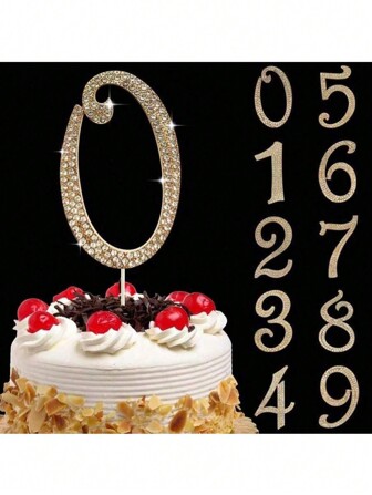 1 件大号数字 0 1 3 4 5 6 7 8 9 生日蛋糕装饰，金色闪亮水钻生日快乐蛋糕装饰，编号 1 10 16 18 21 30 40 50 60 70 80 蛋糕装饰适用于生日派对结婚周年纪念装饰