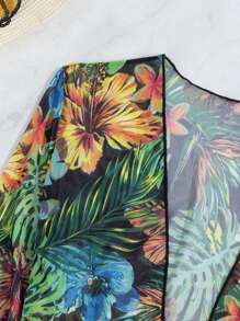 Conjunto de Maiô Biquíni Feminino+Saída De Praia Quimono,3 conjuntos de Biquíni com Estampa de Plantas e Kimono para o Verão na Praia