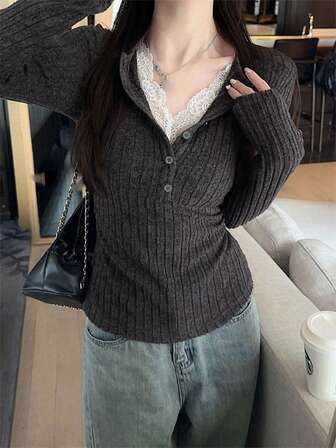 レーストリム付きフリース編みトップス 2in1 レディース、秋冬用クロップド丈プルオーバー 1個