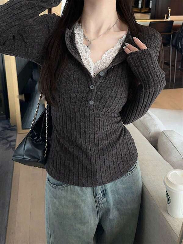 1pc Women's 2 In 1 Lace Trim Plush Knit Base Layer Top, Fitted Cropped Pullover Sweater For Autumn/Winter