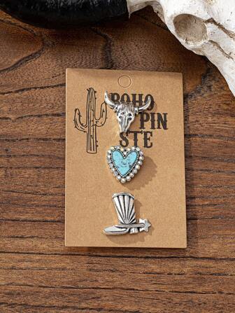 3 st/set retro bohemisk stil broscher - västerländsk turkos stil, modeaccessoarer, lämpliga för hattar och vardagskläder - cowboyhatt, blixt, hjärta, kaktus, kors, häst, tjurhuvuddesign brosch alla hjärtans dag klänning accessoarer nål för kläder väska berlock skola kontorsaccessoarer skjortor jacka smycken jul halloween klädnål roliga söta lärarpresenter