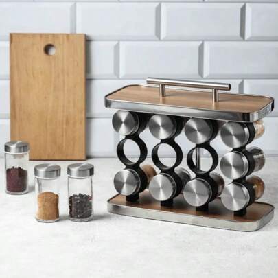 Porta Tempero de Aço Inox com 12 Potes de Vidro - Homeland