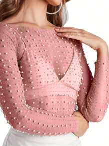 Women's Summer Sheer Mesh Tops Long Sleeve Round Neck Rhinestone Slim Fit Crop Tops - Pink - View 2