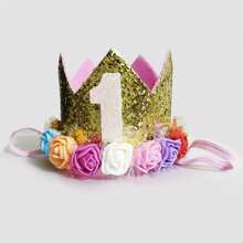 1 diadema de corona de princesa, decoraciones para fiestas de cumpleaños para niños de 1 a 3 años, el color de la flor en la corona varía de forma aleatoria, Navidad - Dorado - Ver 7