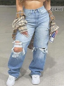 European And American New Women's Plus Size Boyfriend Jeans Ripped Straight Leg Washed Mid-Rise Loose Jeans - Light Wash - View 1