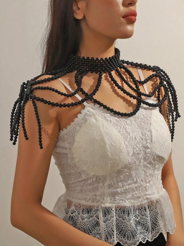 1 Stück handgefertigte elegante mehrschichtige (Künstliche) Perlen Quasten Körperkette, luxuriöses Accessoire für Hochzeiten, Partys, Abendkleider, in der Länge verstellbarer Damenschmuck