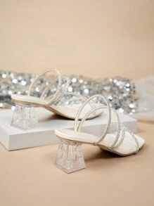 女士高跟凉鞋，配有水钻带和透明鞋跟设计 - 优雅舒适！ - 米色 - 查看 5