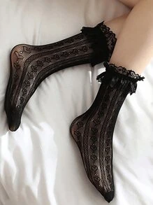 1 Pair Of Women's Solid Color Romantic Pleated Lace Trimmed Heart-Shaped Small Leg Socks. Cute Hollow Mesh Style, Lace Lace Love Socks, Suitable For School Gatherings, Daily Wear, Is A Great Gift, Halloween Gift, Halloween Decorative Socks, Christmas Decoration, Back To School Season, Travel Season, Valentine's Day, Fall - Multicolor - View 9