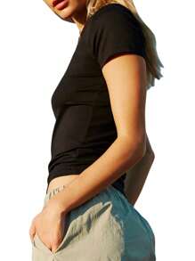 Women Crop Tops Summer Casual Slim Fit Solid Color Short Sleeve Basic T-Shirts Streetwear S/M/L - Black - View 8