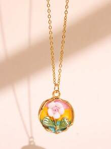 1 pieza Collar colgante de metal esmaltado con pintura de flores coloridas, joyas elegantes y románticas de moda para fiestas para mujeres