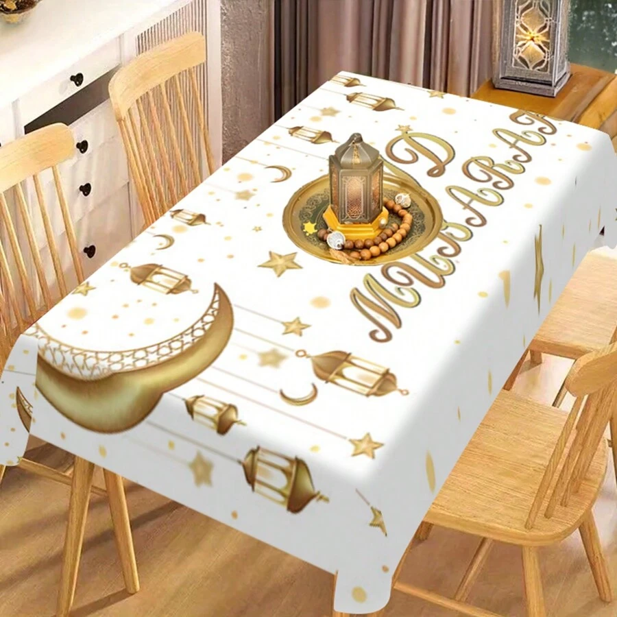 1 件斋月 Kareem 涤纶桌布，星月印花和文字设计白色桌布，矩形可洗桌布，斋月主题派对装饰桌布，适用于野餐、露营、婚礼、生日派对、斋月家居装饰