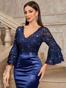 MIUSOL Elegant Sequin Lace V-Neck Ruffle Sleeve Satin Mermaid Hem Formal Party Dress, Wedding Guest Dress, Evening Dress - Navy Blue - View 8