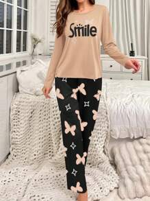 2 件女士睡衣套装，包括长裤和字母印花上衣，适合秋冬季使用