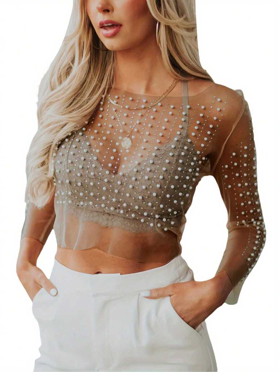 Women's Summer Sheer Mesh Tops Long Sleeve Round Neck Rhinestone Slim Fit Crop Tops - Brown - View 1