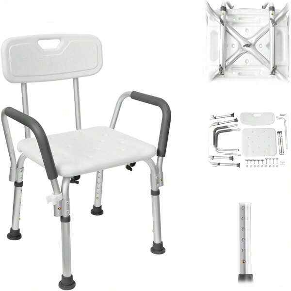 LILIIN Taburete de ducha con respaldo y apoyabrazos, altura ajustable, asiento de baño antideslizante, taburete de ducha para adultos y ancianos, con almohadilla de EVA, decoración de baño, de vuelta al cole