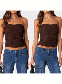 Women's Summer Fashion Tube Tops Sleeveless Open Back Off Shoulder Ruched Bandeau - Dark Brown - View 1