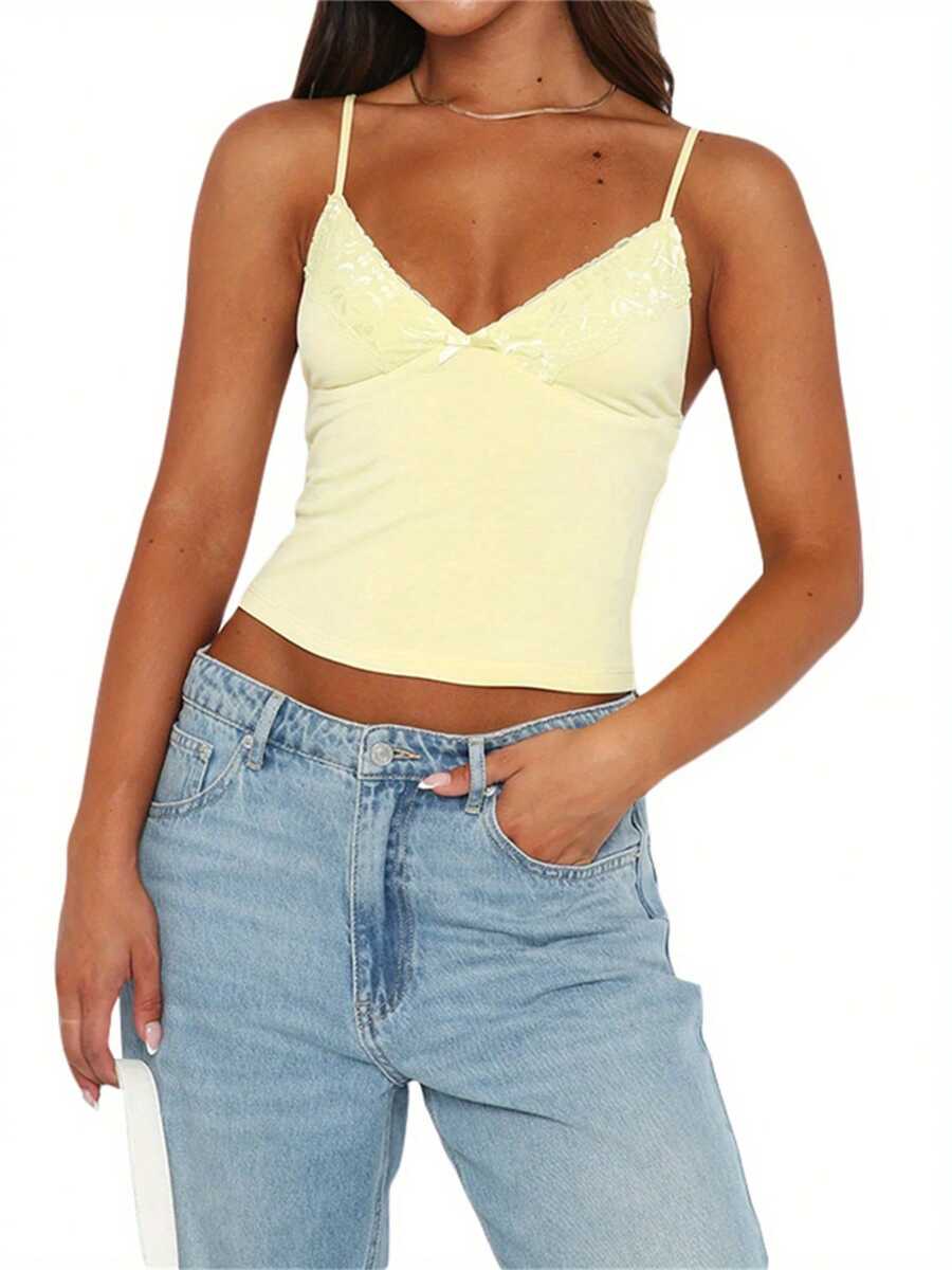 Women's Summer Mini Sling Vests Sleeveless Backless Deep V Neck Lace Floral Tops - Yellow - View 1