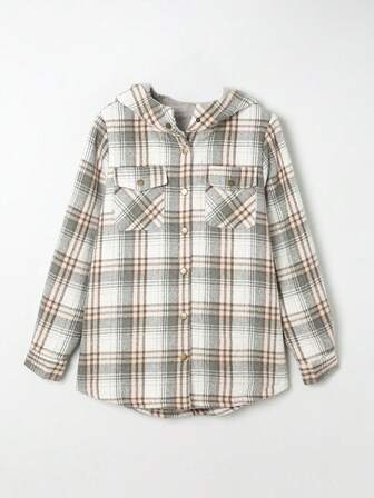 格子印花泰迪熊内衬按扣连帽外套，加大码，女士秋冬秋季服装