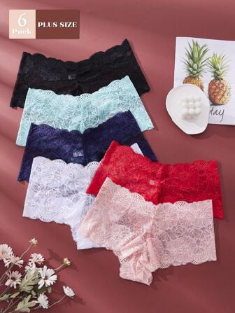 6pcs Plus Size Women Breathable Lace Floral Trim Sexy Triangle Briefs