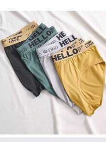 Set de 4 calzoncillos para hombre con diseño asimétrico de letra "HELLO" en la cintura, de colores aleatorios, cómodos y elásticos