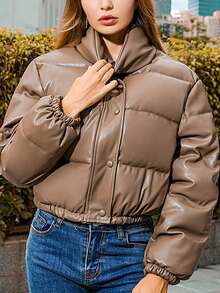 冬季女士长袖泡泡衣女式绗缝羽绒夹克扣领假日全拉链短款加厚女式夹克