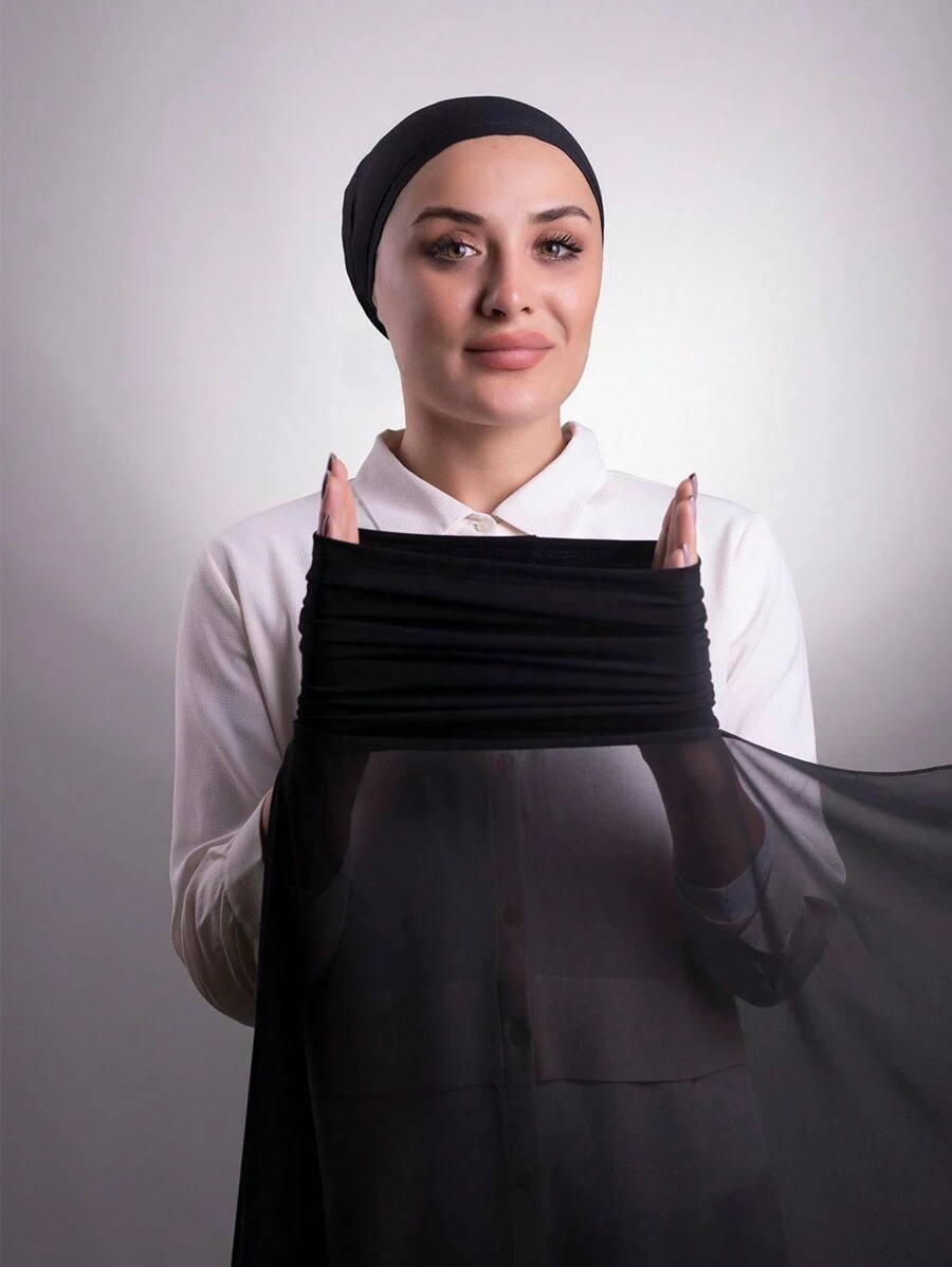 1 件女士穆斯林即时头巾围巾，实用的成衣雪纺筒帽，纯色经典百搭简约时尚百搭即时围巾，舒适透气面料，适合假日和日常穿着 - 黑色 - 查看 1