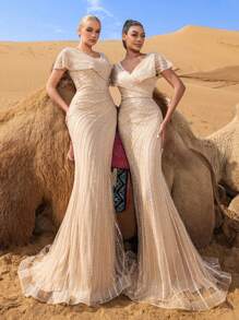 Faeriesty 奢华珠饰V领美人鱼晚礼服，勾勒优美身形，拖尾曳地 | 适合红毯活动、正式宴会、奢华婚礼、黑领结晚宴、慈善晚会等场合的优雅春假礼服 - 香檳色 - 查看 8