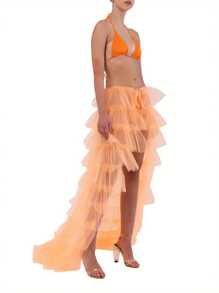 Women Tulle Skirt, Solid Color Mesh Tied-Up Irregular Floor-Length Party Skirt For Wedding Guest - 橘色 - 查看 1