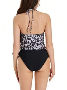 Two Piece Tankini Swimsuits For Women Tummy Control Bathing Suits Halter Swim Top With Shorts - Dark Brown - View 3