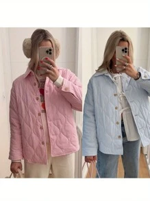 Women's Puffer Jacket Stripe Turn-Down Collar Buttons Quilted Coat Fall Winter Long Sleeve Padded Jacket Outerwear