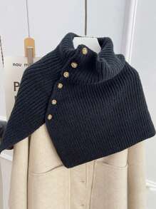 1pc Women's Black, Rice Gray, Khaki Color Knitted Button-Up Poncho Wrap Shawl, Fashionable High-Quality Warm Scarf For Autumn/Winter