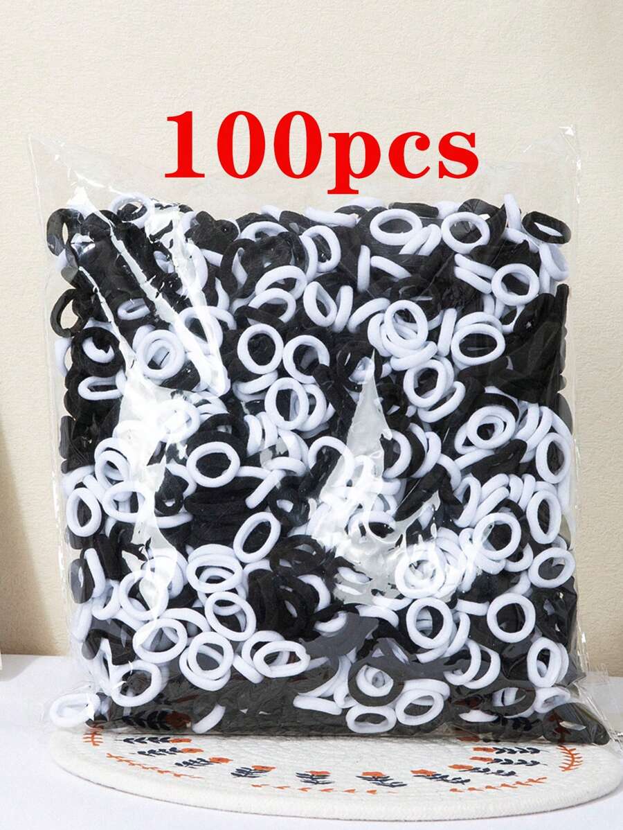 100个装 女孩弹力发圈 彩色尼龙小发带 青少年马尾辫发圈 发绳 青少年发饰 - 黑與白 - 查看 1