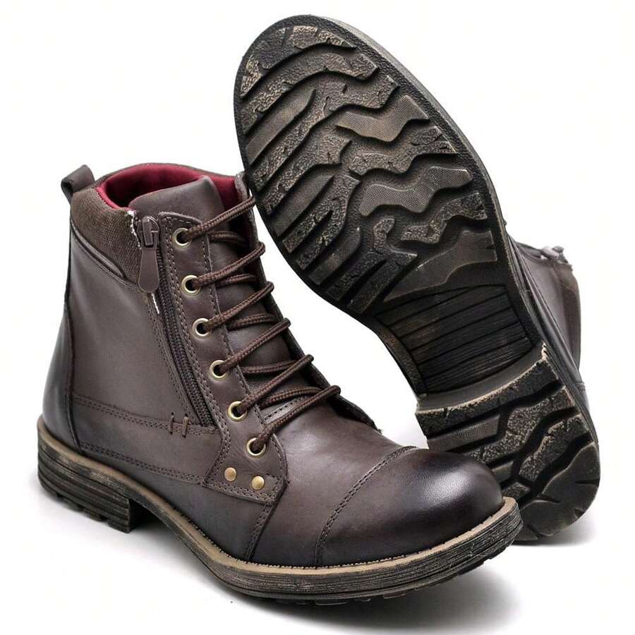 Men's Combat Boots Genuine Leather Zipper Casual Adventure - Coffee - View 1