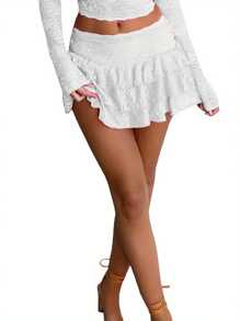 Women Mini Skirt Low Waist Lace Skirt Pleated Summer Layered Skirt For Club Party - trắng - Xem 1