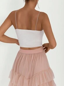 一件装女士性感V领弹力腰修身吊带背心，优雅通勤，透视网纱拼接，适合情人节、圣诞节和新年派对等场合，休闲白色夏季款 - 白色 - 查看 5