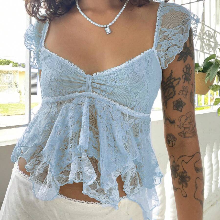 Women Summer Sexy Lace Floral Crop Top Tanks Sleeveless Square Neck Ruffled Crop Camisole Y2k Going Out Mini Lace Tops - Màu xanh lam - Xem 1