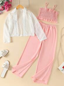 3 件套女童时尚服装套装：纹理镂空透气长袖衬衫、吊带连体裤 + 阔腿裤。时尚、甜美、时尚，适合春夏日常生活和休闲户外活动，也是一份很棒的礼物 - 白色 - 查看 2