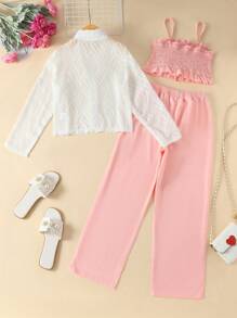 3 件套女童时尚服装套装：纹理镂空透气长袖衬衫、吊带连体裤 + 阔腿裤。时尚、甜美、时尚，适合春夏日常生活和休闲户外活动，也是一份很棒的礼物 - 白色 - 查看 3