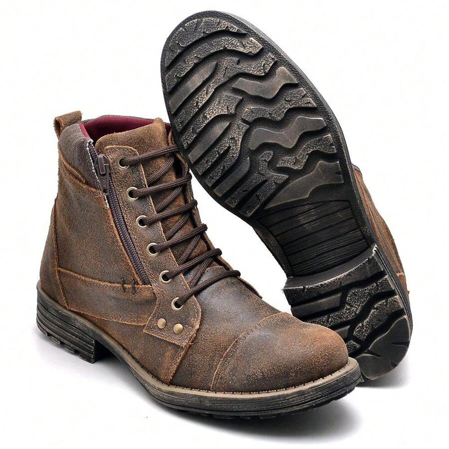 Men's Combat Boots Genuine Leather Zipper Casual Adventure - 棕色 - 查看 1